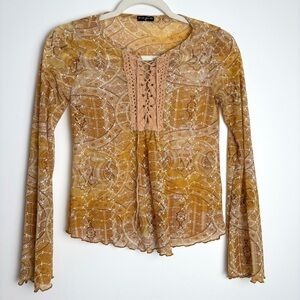 Vintage Y2K Top Lettuce Hem Embroidered Sheer Lace Up Shirt Size S Small